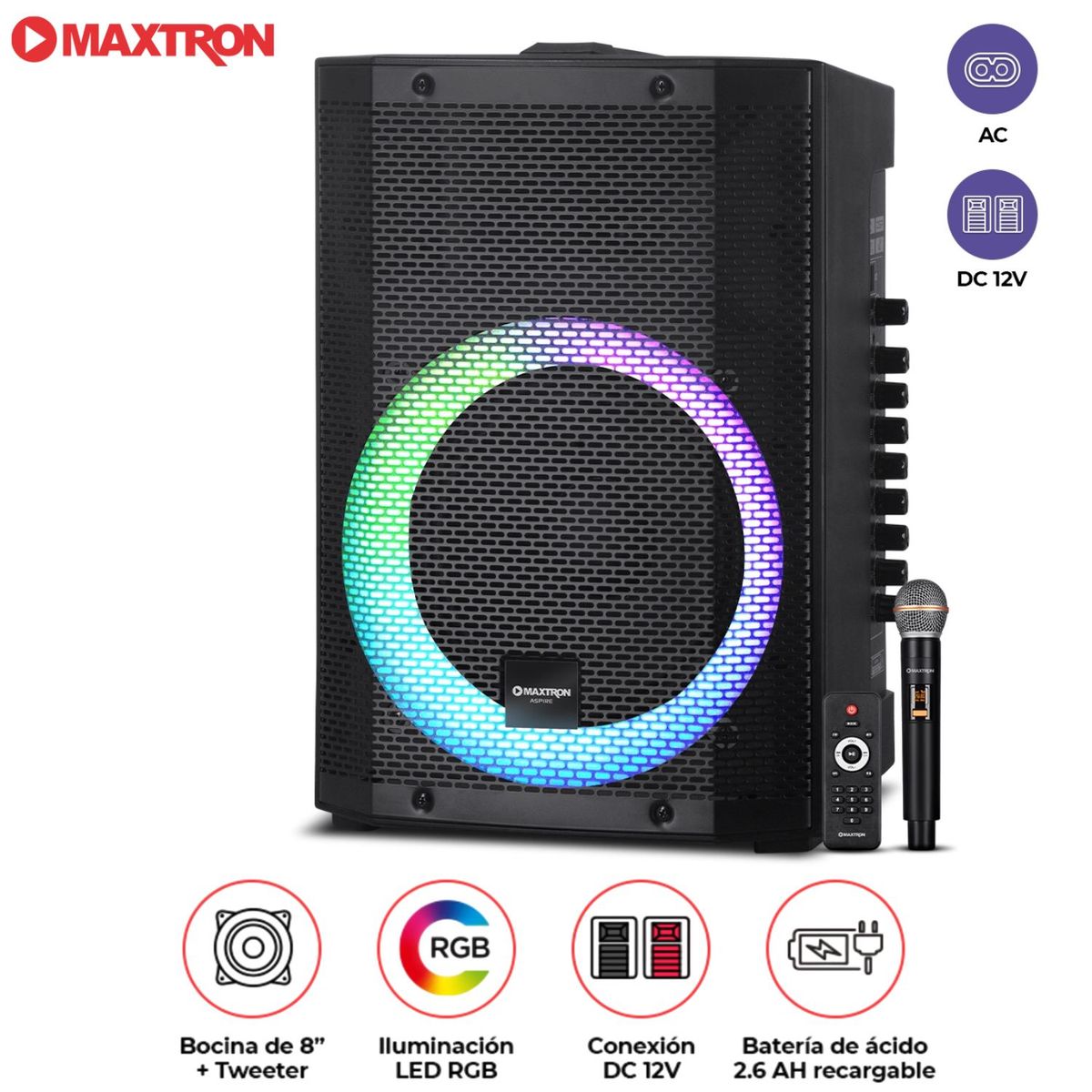 MAXTRON - Parlante Portátil Aspire MX 300 Bocina de 8 pulgadas USB BT Luces LED RGB