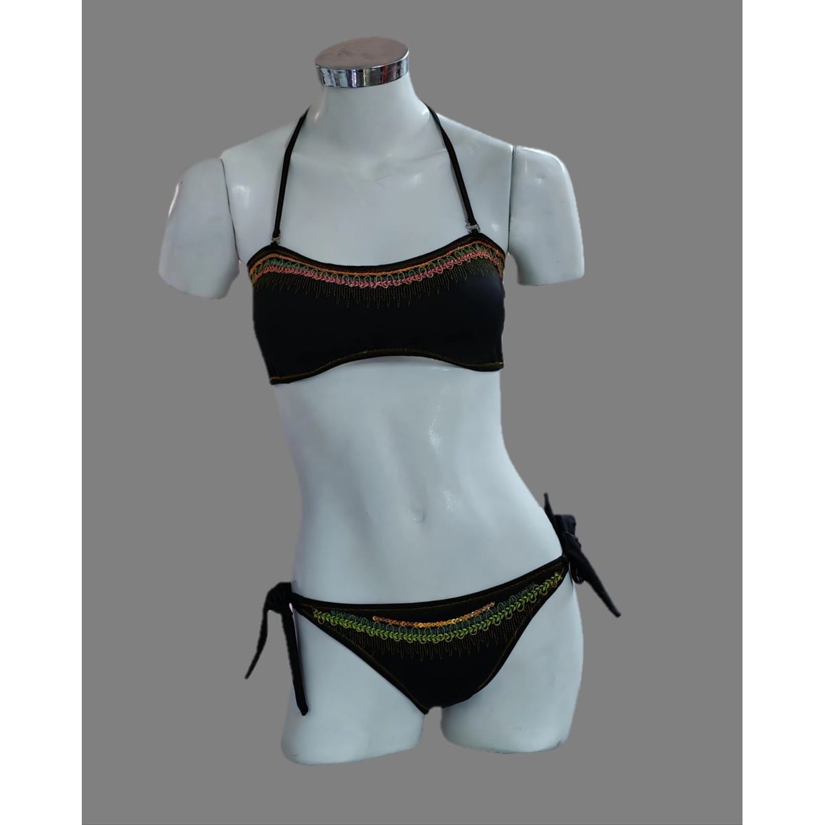 GENERICO - Ropa de Baño BAñador BIKINI 2 PZAS Top Strapels Y bikiny Negro Bordado a mano Talla ML DEALCOBA