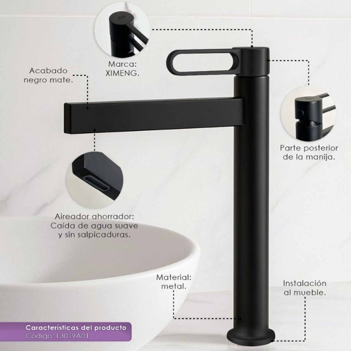 GENERICO - LLAVE PARA LAVATORIO ALTO MUEBLE NEGRO L3019A01