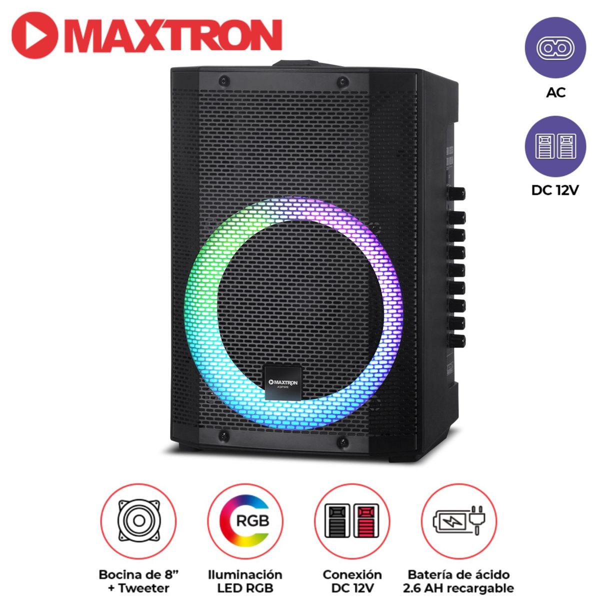 MAXTRON - Parlante Aspire MX 300 USB BT Luces LED RGB + Micrófono
