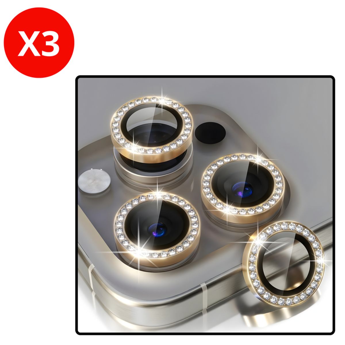 SHIELD - Pack x3 Mica Protector de Cámara Individuales con Brillo Diamante Dorado para iPhone 14 Plus