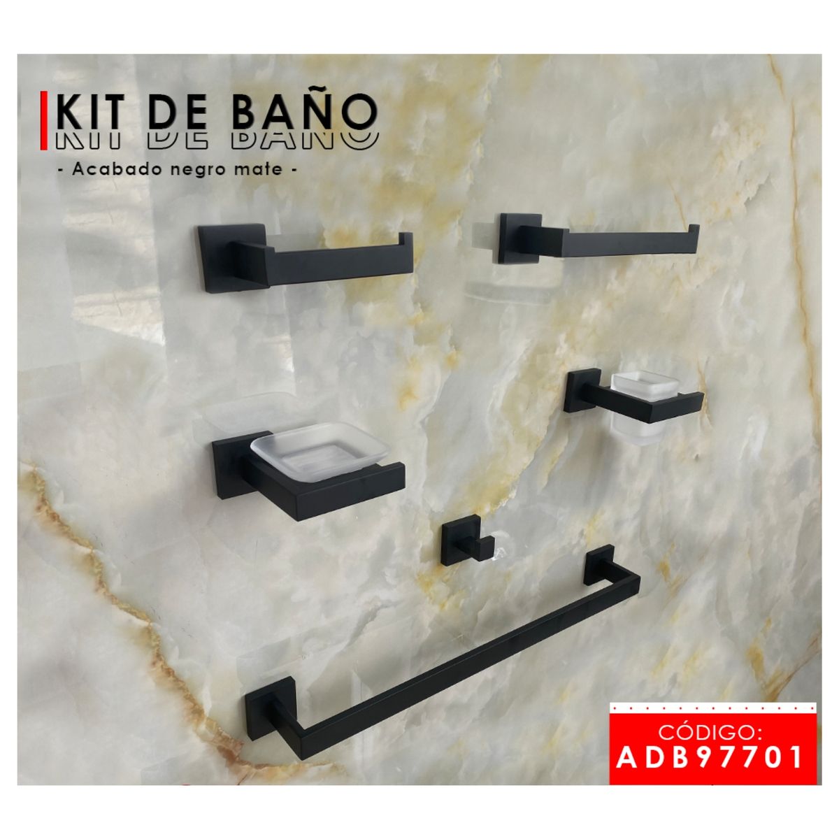 GENERICO - Set de Accesorios de Baño 6 Piezas Acero Inoxidable 304 Negro Mate 97701