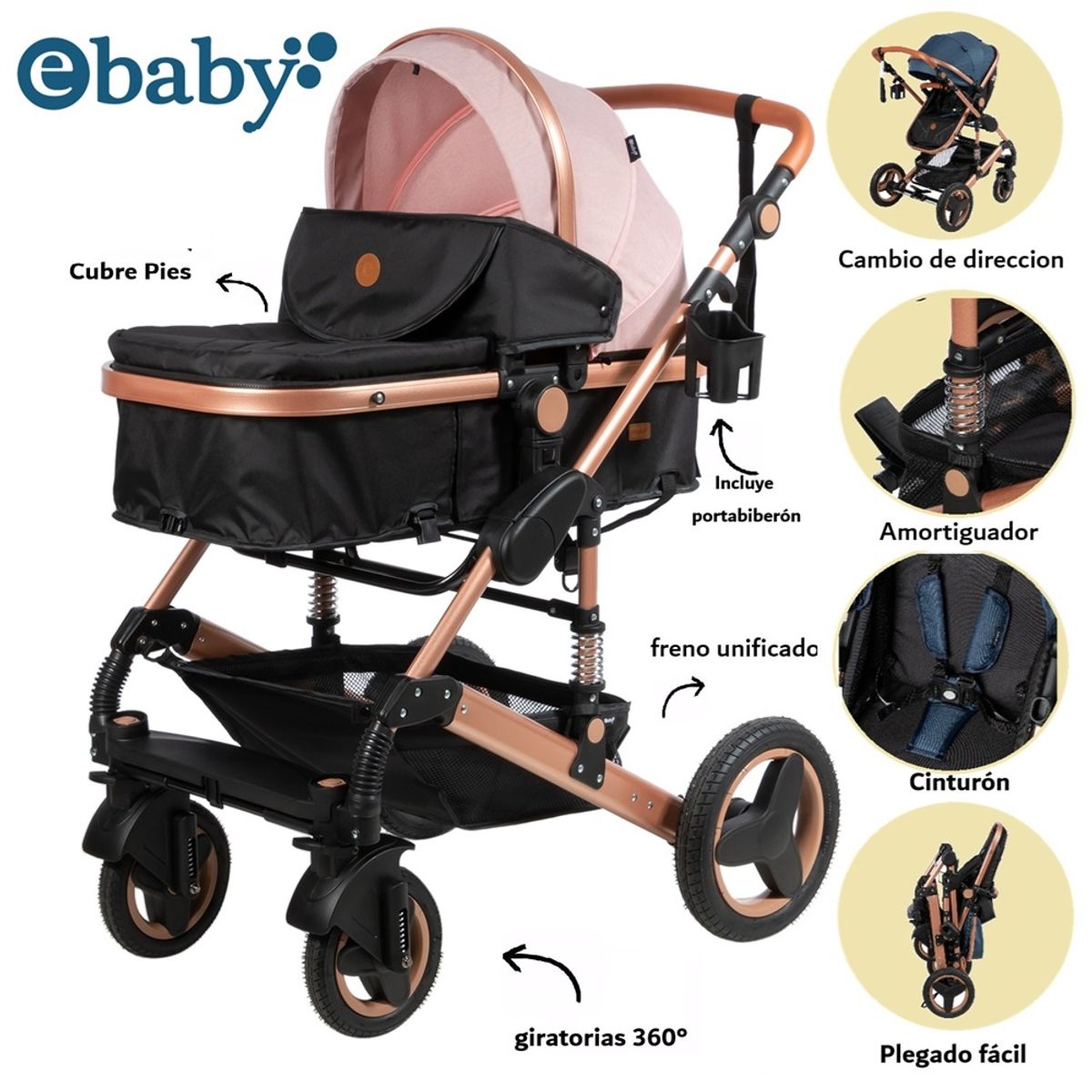 EBABY - Coche cuna moisés de lujo SAGIRA- EB 156 Rosado