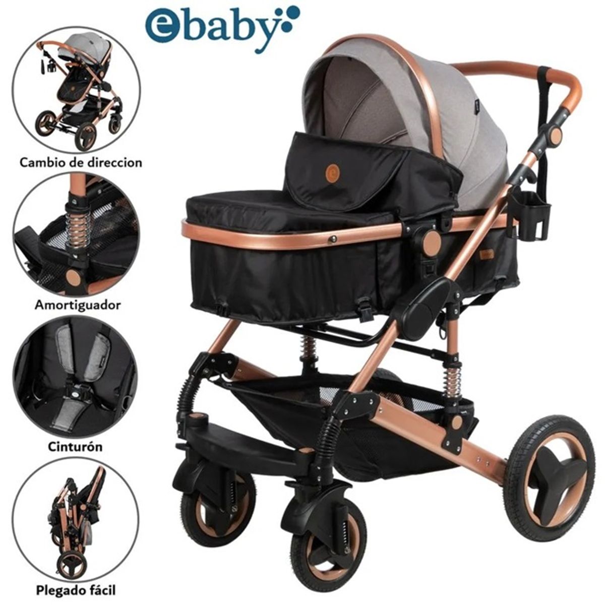 Coche cuna moisés de lujo SAGIRA- EB 156 Gris, marca EBABY - Foto Principal