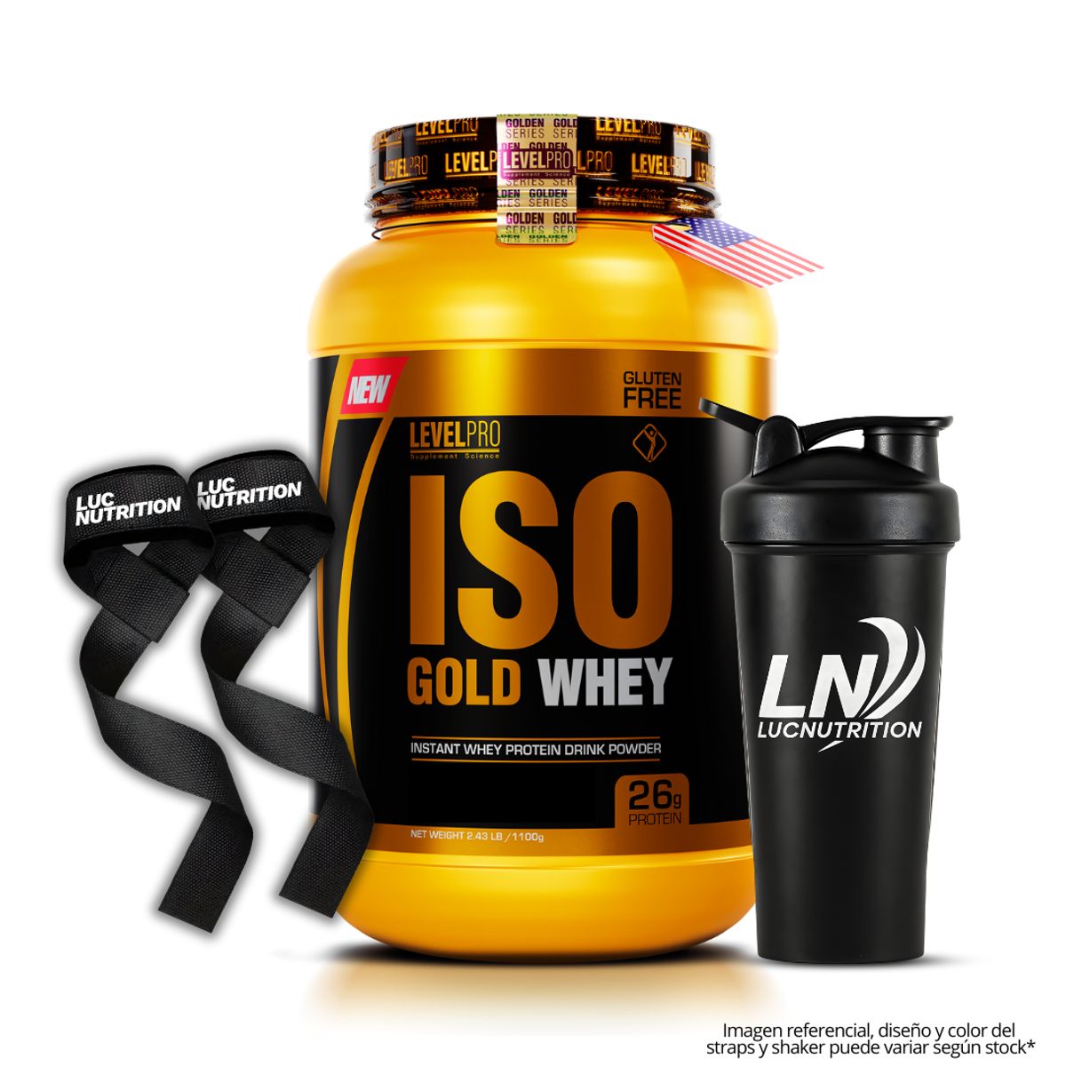 LEVEL PRO - Iso Gold Whey 1.1 kg Proteina Isolatada - Chocolate + Shaker + Straps