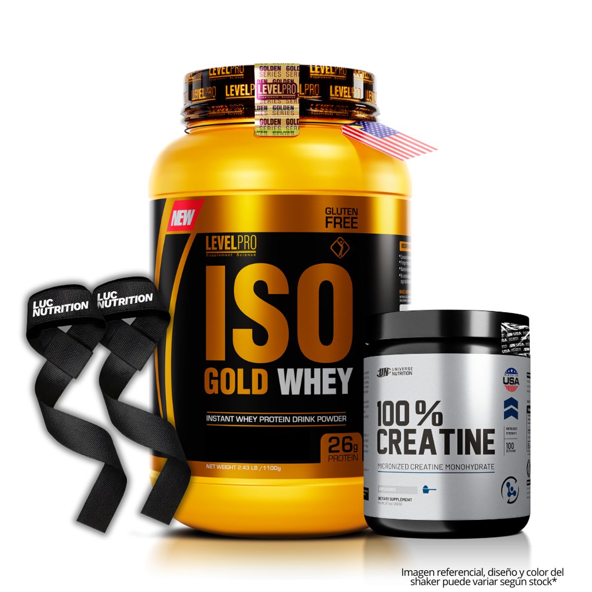 LEVEL PRO - Iso Gold Whey 1.1 kg Proteina - Vainilla + Creatina Universe Nutrition 250 g + Straps