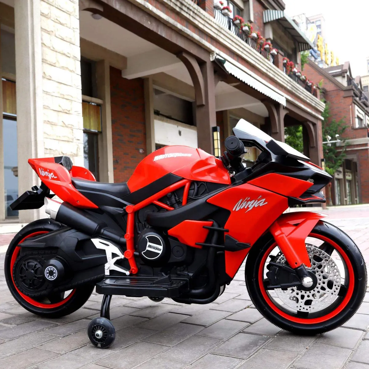 OEM - Moto Eléctrica Infantil niños Estilo Kawasaki Ninja H2 Rojo con Luces LED USB 12V y Doble Motor