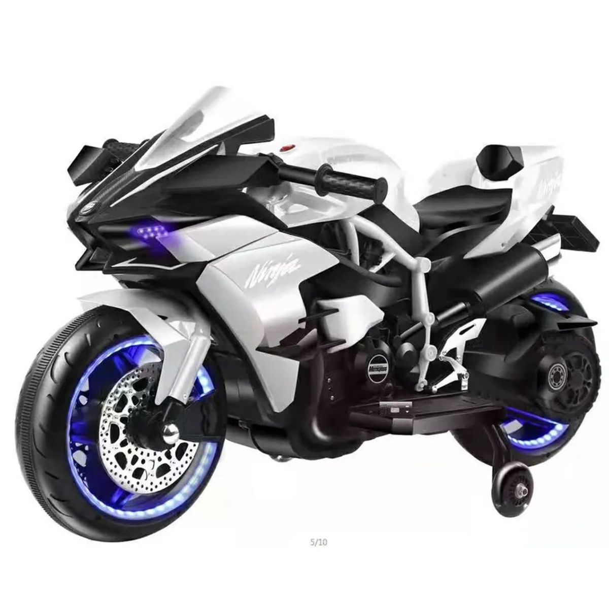 OEM - Moto Eléctrica Infantil niños Estilo Kawasaki Ninja H2 Blanco con Luces LED USB 12V y Doble Motor