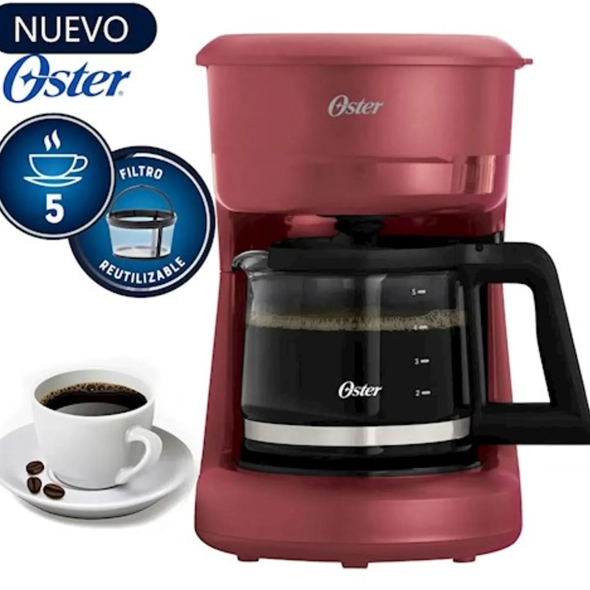OSTER - Cafetera Oster BVSTDCS51R 5 Tazas con Filtro Reutilizable - Rojo