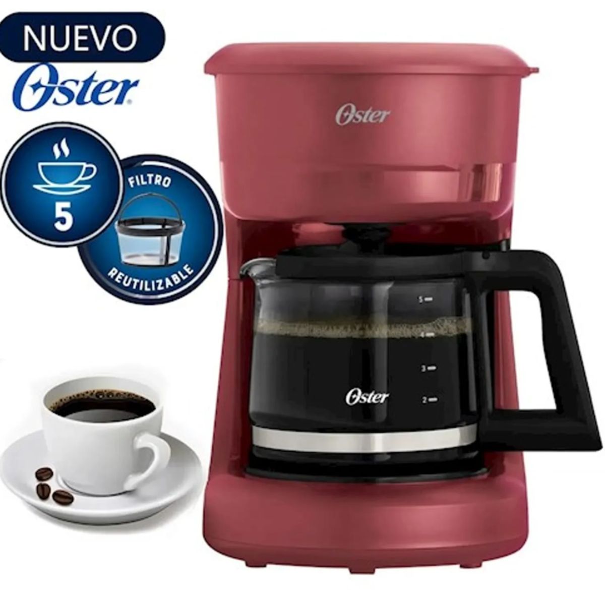 OSTER - Cafetera Oster BVSTDCS51R 5 Tazas con Filtro Reutilizable - Rojo