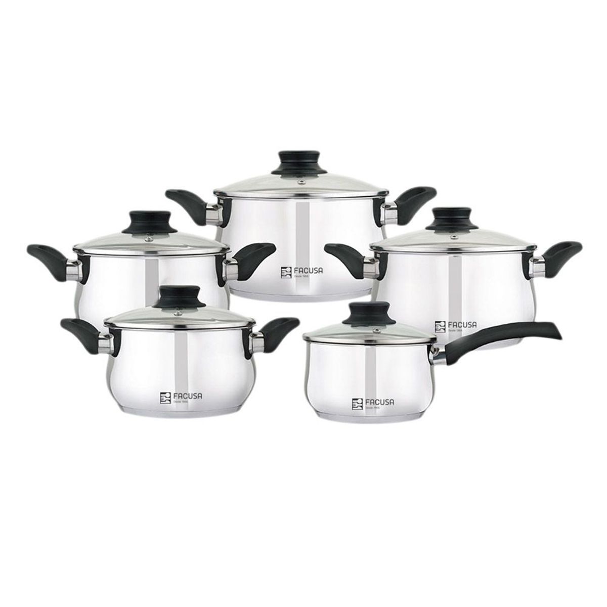FACUSA - Juego de Ollas de Acero Inoxidable Tapa de Vidrio Valencia 10 piezas