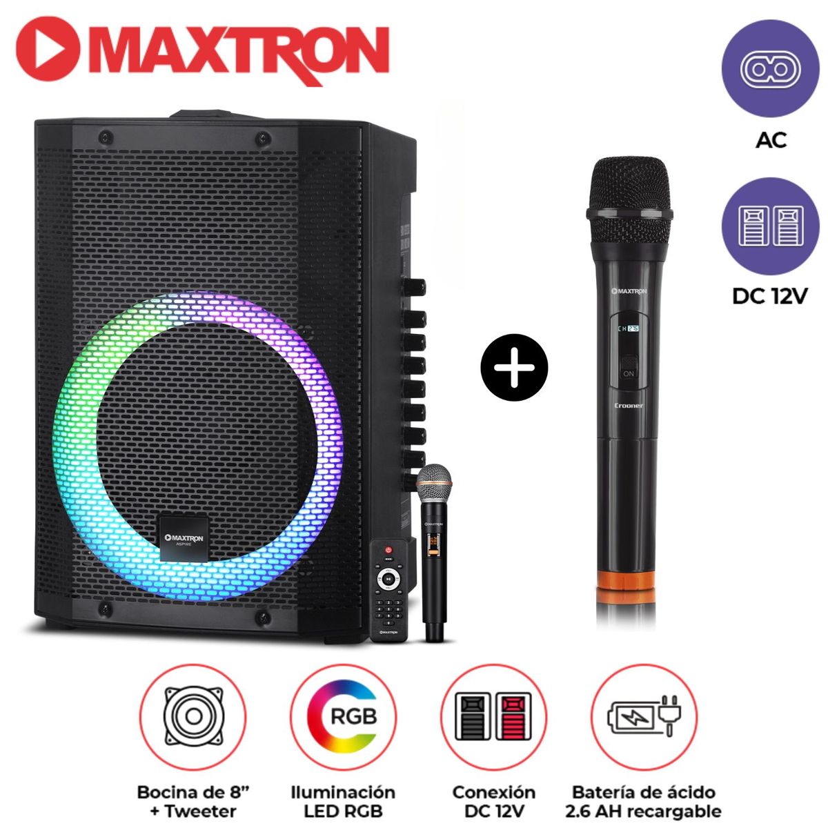MAXTRON - Promo Parlante Portátil Maxtron MX 300 USB, BT con 02 Micrófonos Luces LED RGB