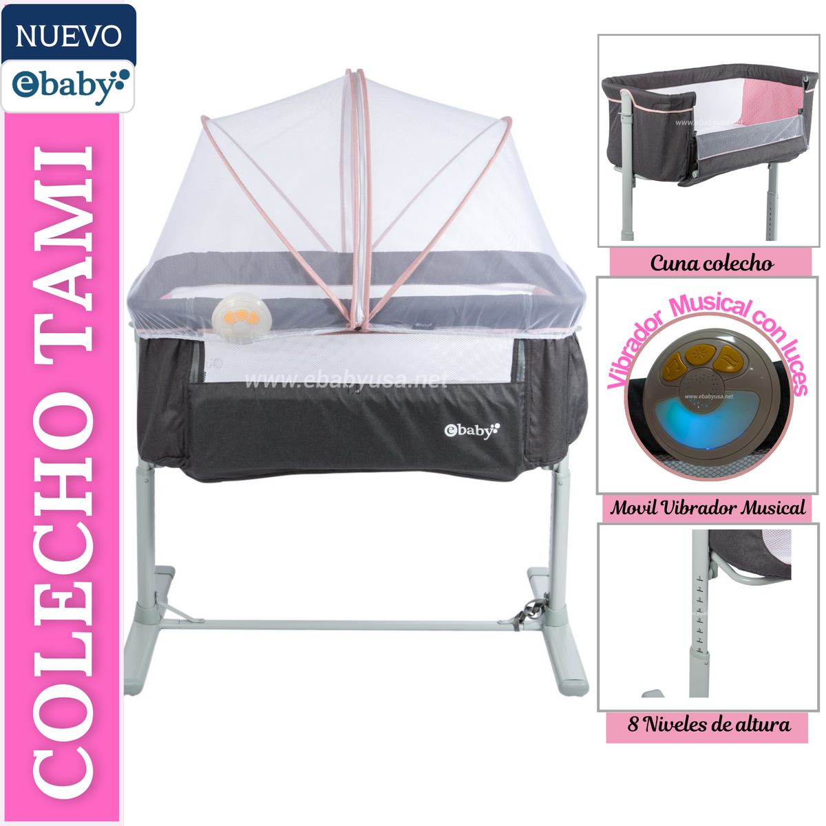 EBABY - Cuna Colecho Musical y Vibrador Tami Rosado
