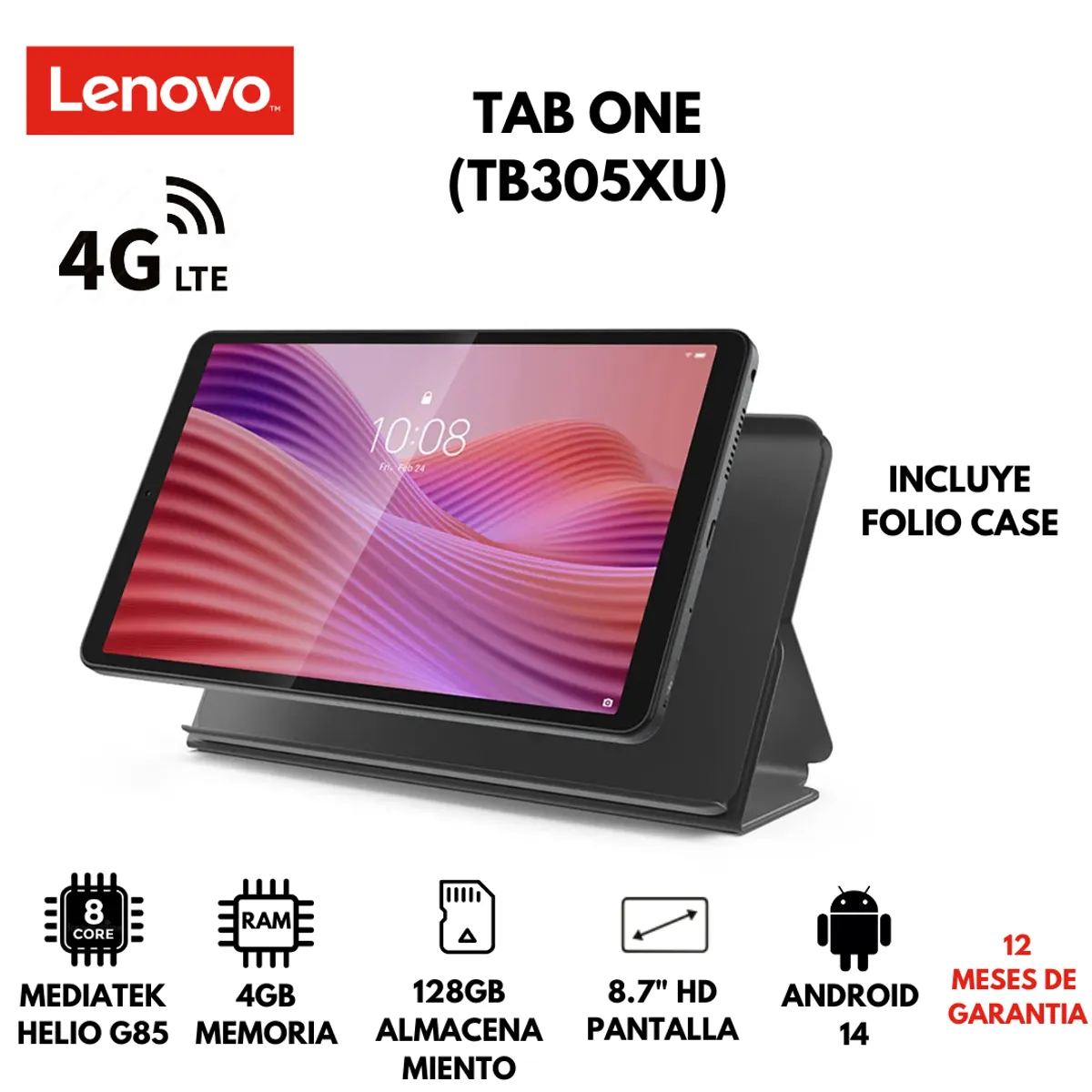 LENOVO - TABLET LENOVO TAB ONE + FOLIO CASE 4GB 128GB 8.7" HD LTE ANDROID 14