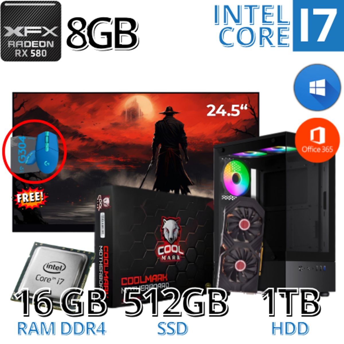 INTEL - PC Gamer Core i7 Grafica 8GB 16GB RAM SSD 512gb HDD 1TB y monitor 24