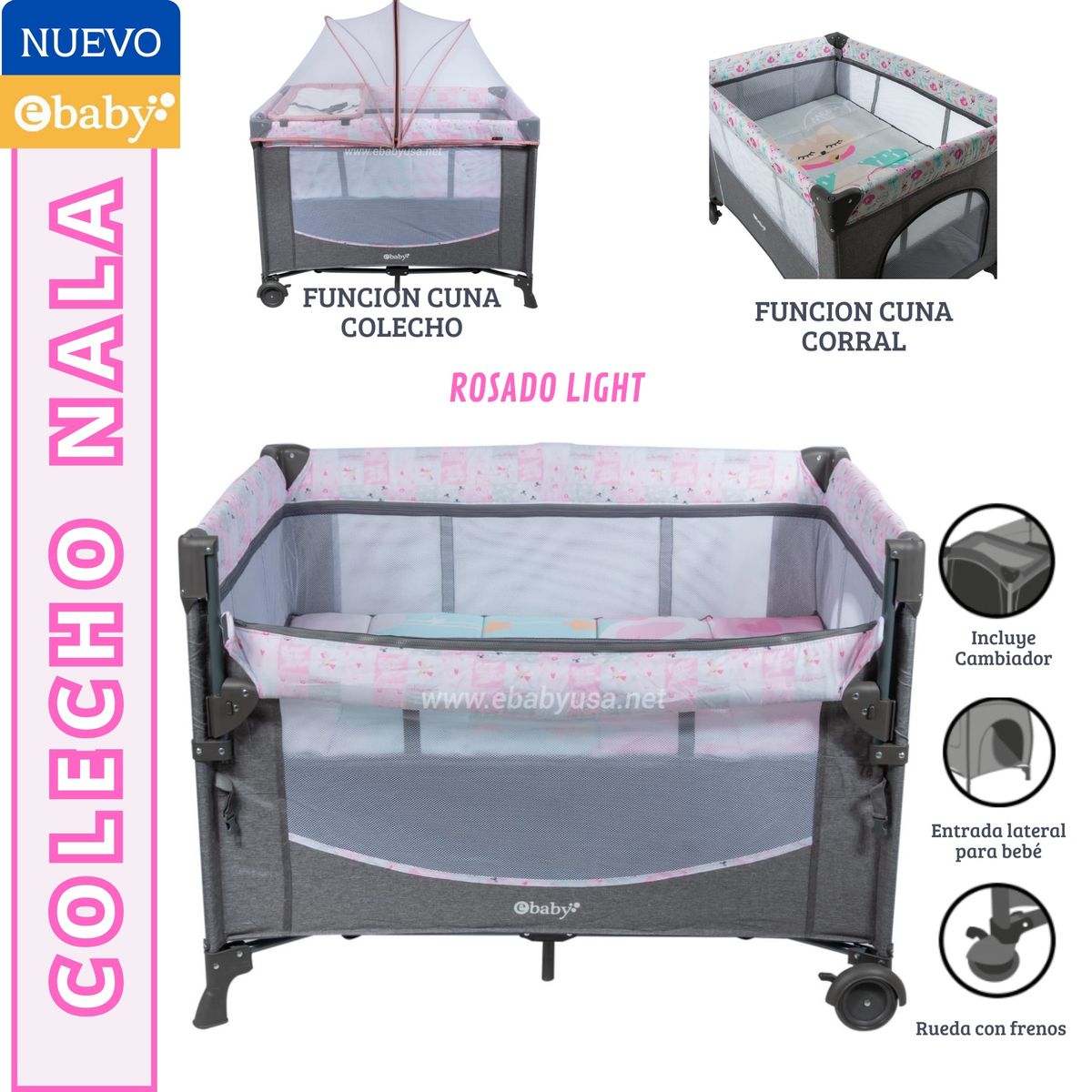 EBABY - Cuna Colecho Cambiador y Tull NALA Rosado