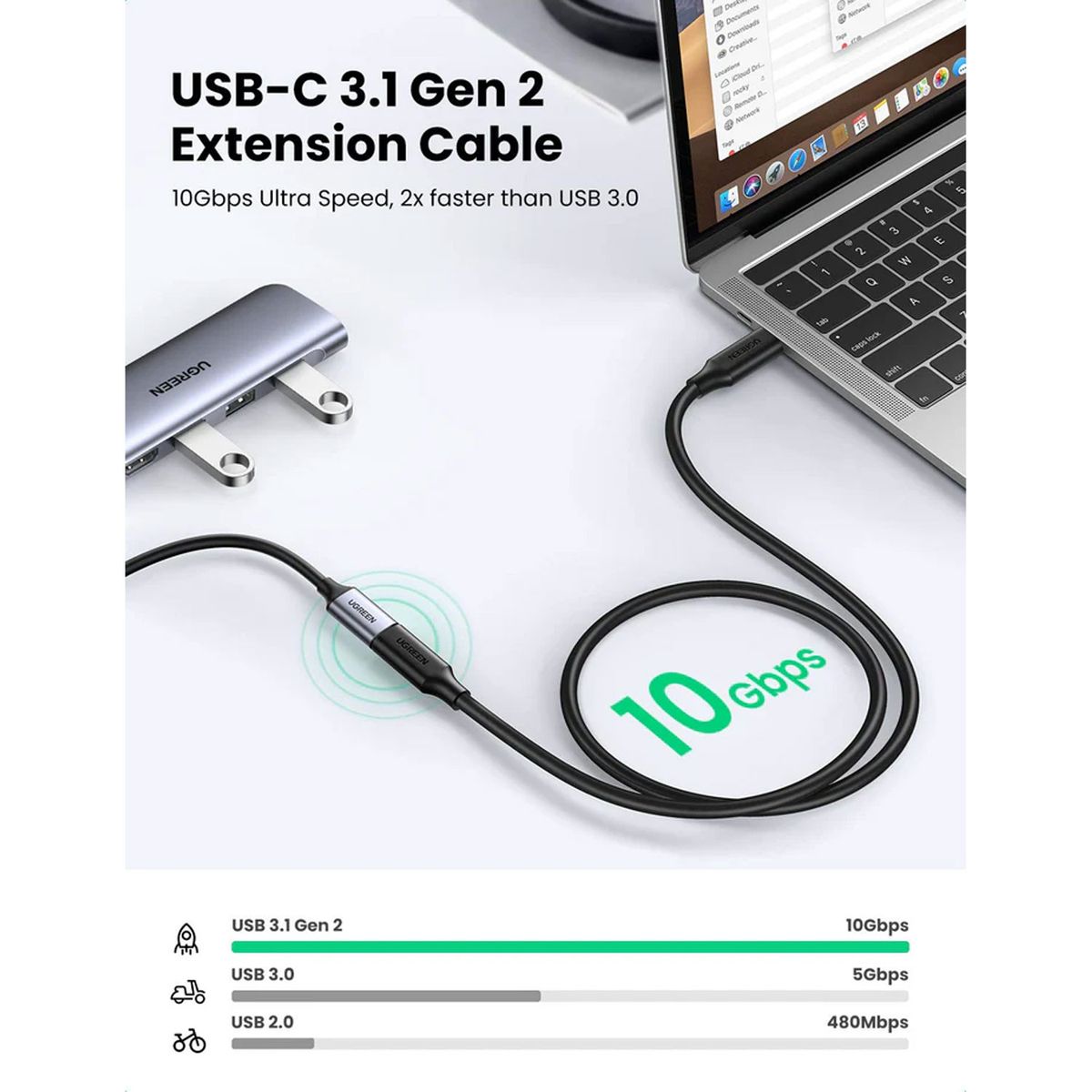 UGREEN - Cable Extensor Ugreen USB-CM a USB-CH Gen2 1M Negro US353 10387