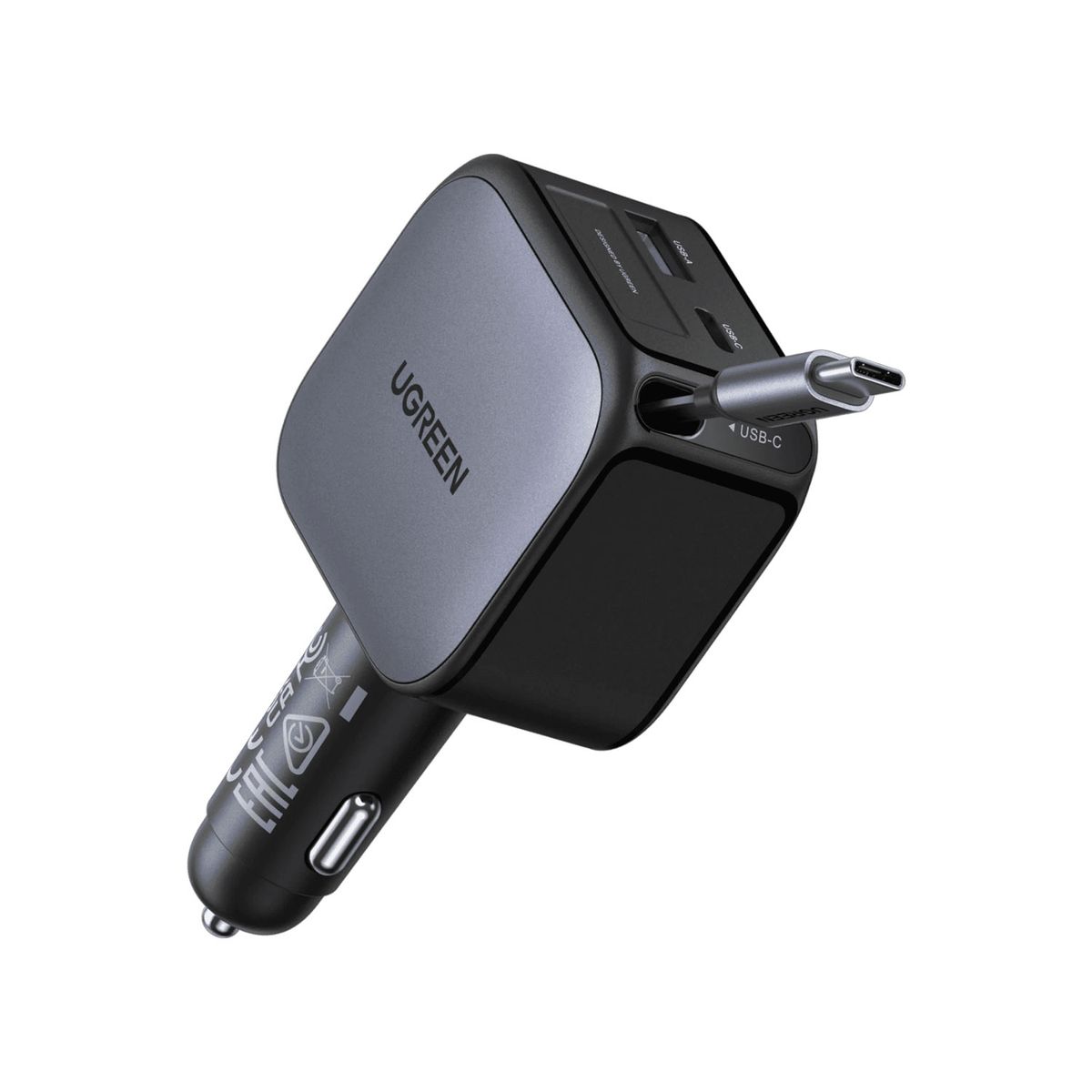 UGREEN - Cargador de Auto Ugreen Nexode 60W con Cable Retractil Black 55212B