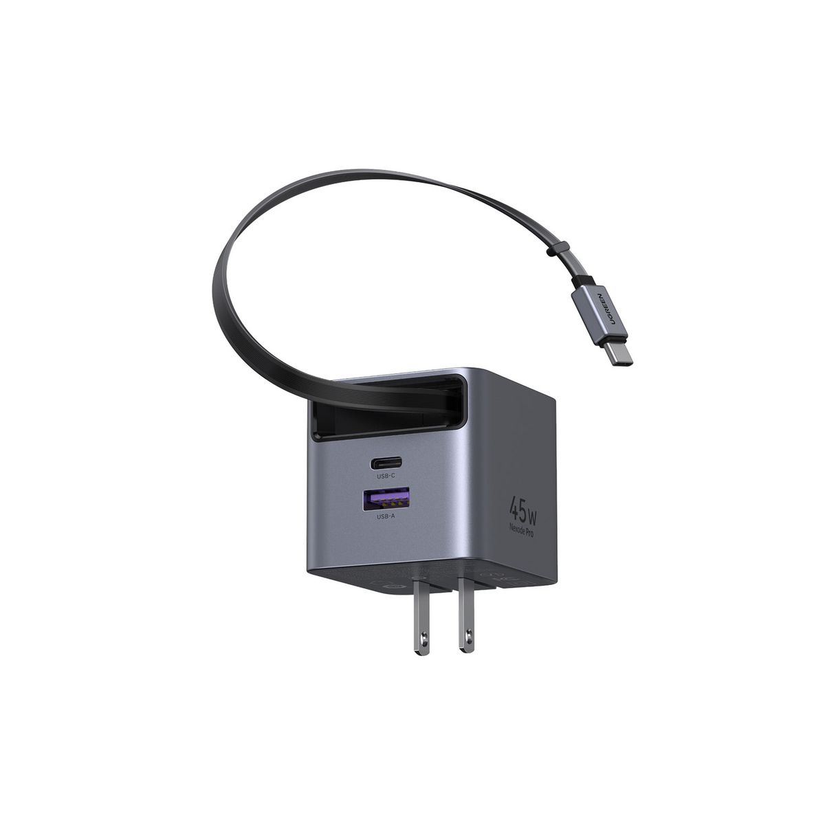 UGREEN - Cargador Ugreen 45W GaN con Cable Retráctil Gris X614 65821