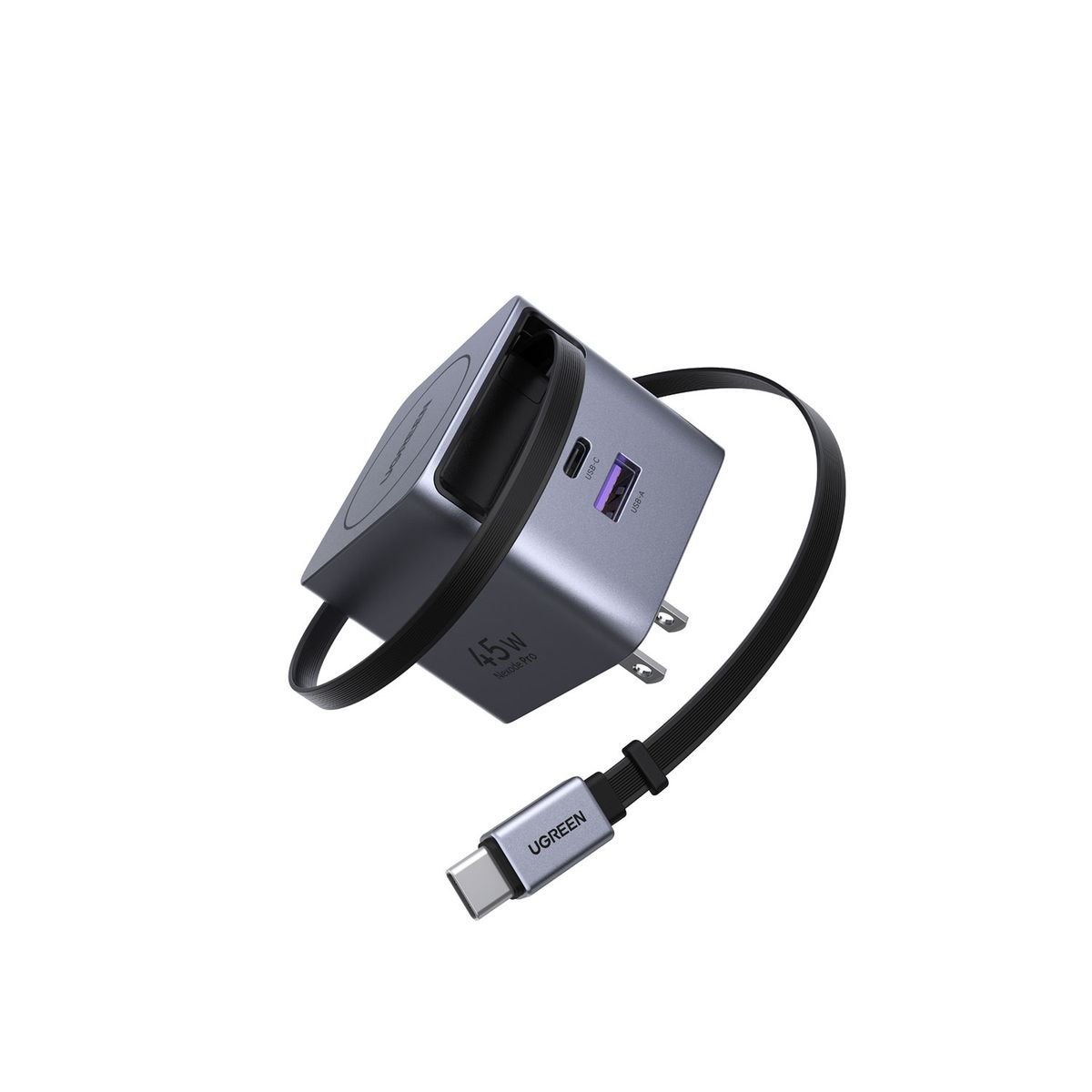 UGREEN - Cargador Ugreen 45W GaN con Cable Retráctil Gris X614 65821