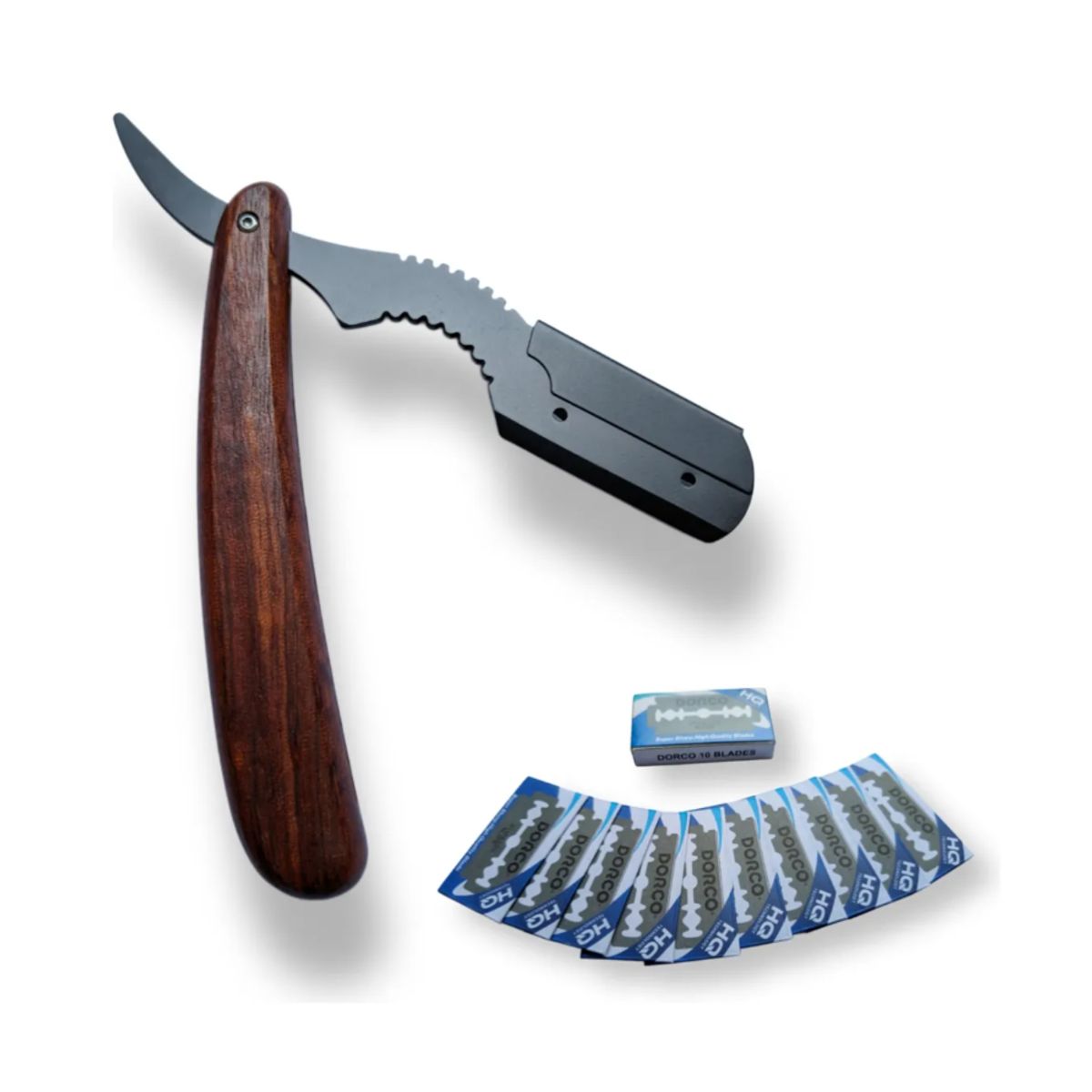 PREMIUM - Navaja Barberia de Acero con Mango de Madera + Repuestos