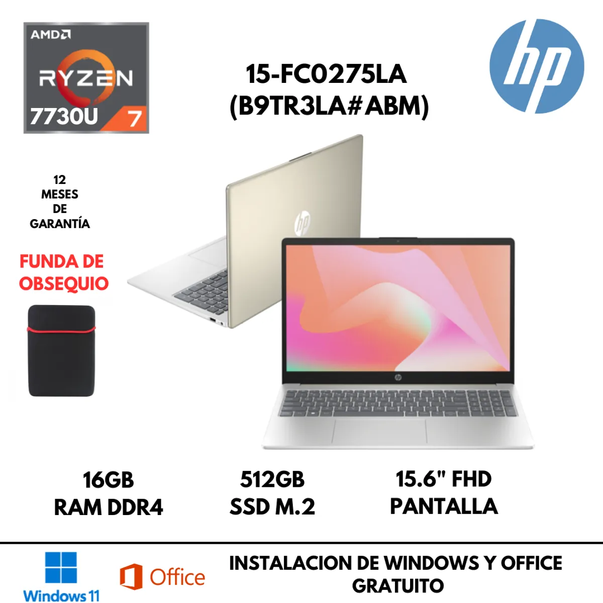 LAPTOP HP 15-FC0275LA AMD RYZEN 7 7730U 16GB RAM 512GB SSD 15.6" FHD FREEDOS, marca HP - Foto Principal
