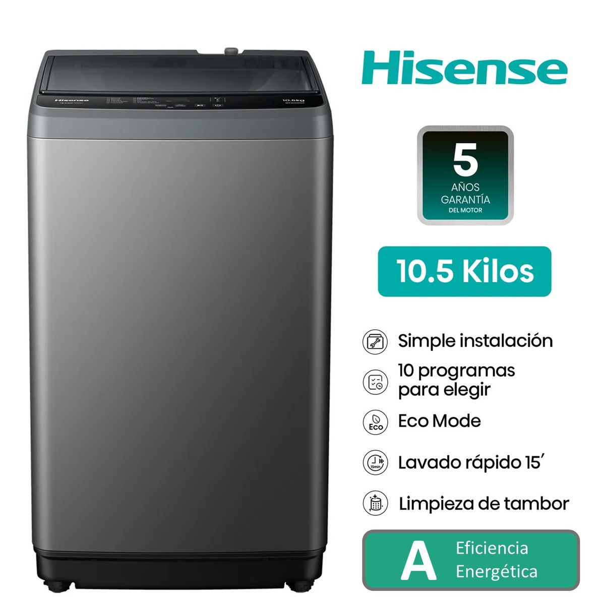 HISENSE - Lavadora Hisense Carga Superior 10.5 kg WT1D1030UT Gris Oscuro