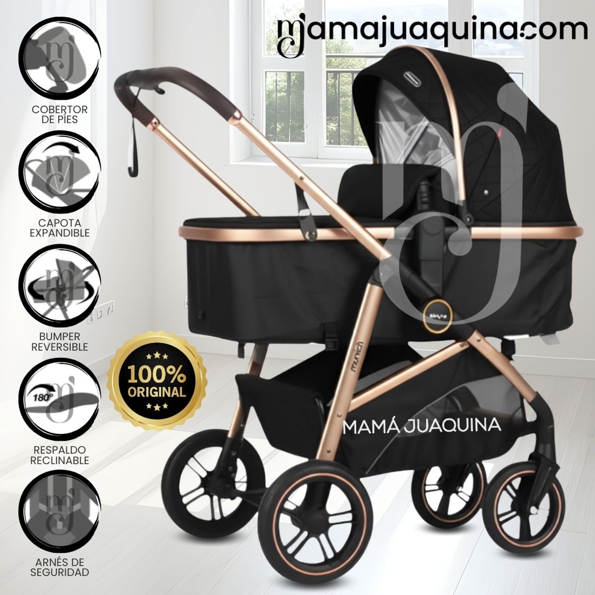 Baby - Coche Moisés Travel System «MUNICH GOLD» de Lujo Black