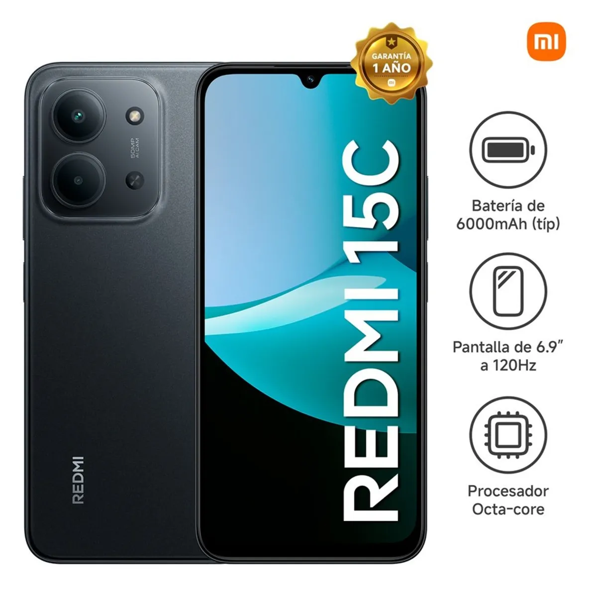 XIAOMI - XIAOMI REDMI 15C DE 16GB (8GB +8GB EXT)+ 256GB/ BLACK/ 50MP/ 6.9" 120hz/ Bat 6000 mAh Fast Charg 33W