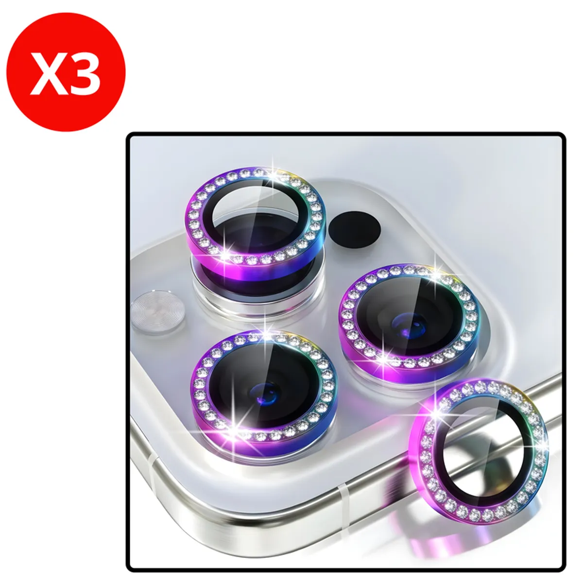 SHIELD - Pack x3 Mica Protector de Cámara Individuales con Brillo Diamante Rainbow para iPhone 14 Plus