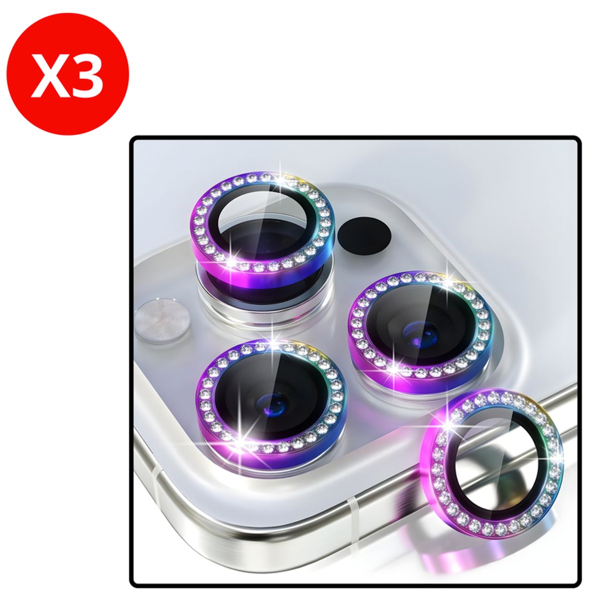SHIELD - Pack x3 Mica Protector de Cámara Individuales con Brillo Diamante Rainbow para iPhone 14 Pro