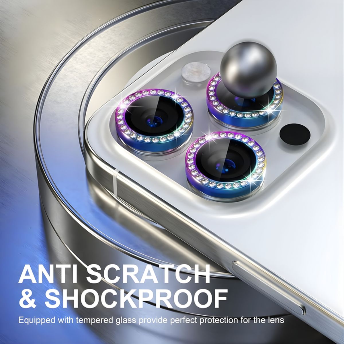 SHIELD - Pack x3 Mica Protector de Cámara Individuales con Brillo Diamante Rainbow para iPhone 14 Pro