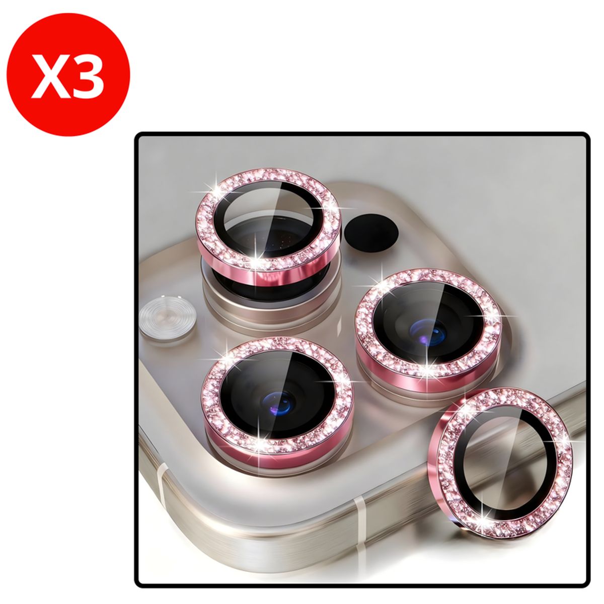 SHIELD - Pack x3 Mica Protector de Cámara Individuales con Brillo Glitter Rosa para iPhone 12 Pro