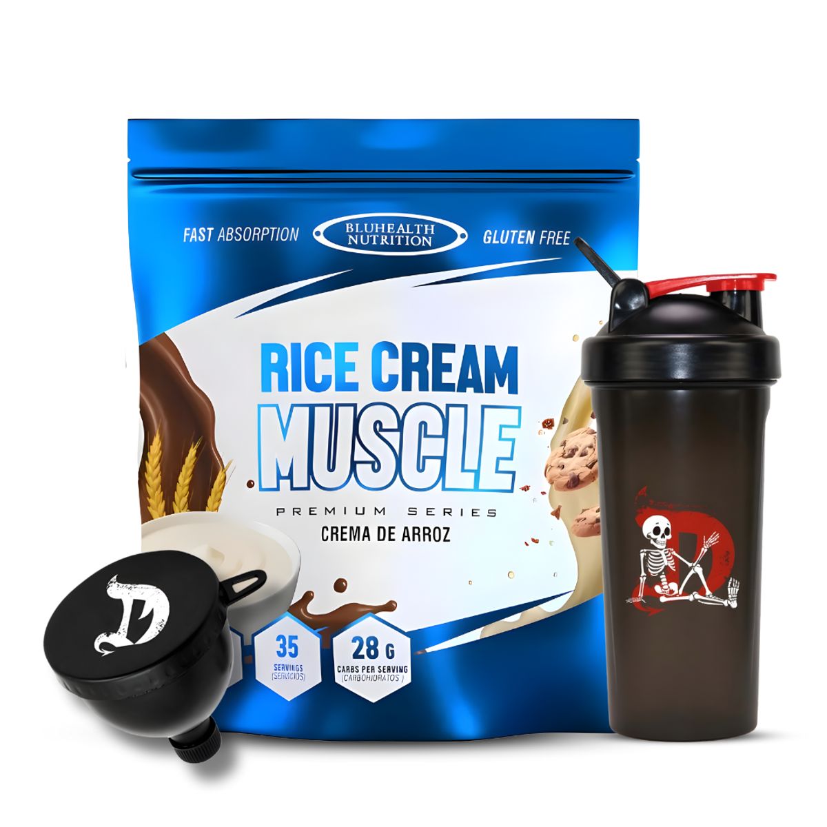 GENERICO - Crema de arroz Bluhealth Nutrition 1.2 kg - Chocolate + Shaker Tu Marido Moses + Embudo Dragon Pharma