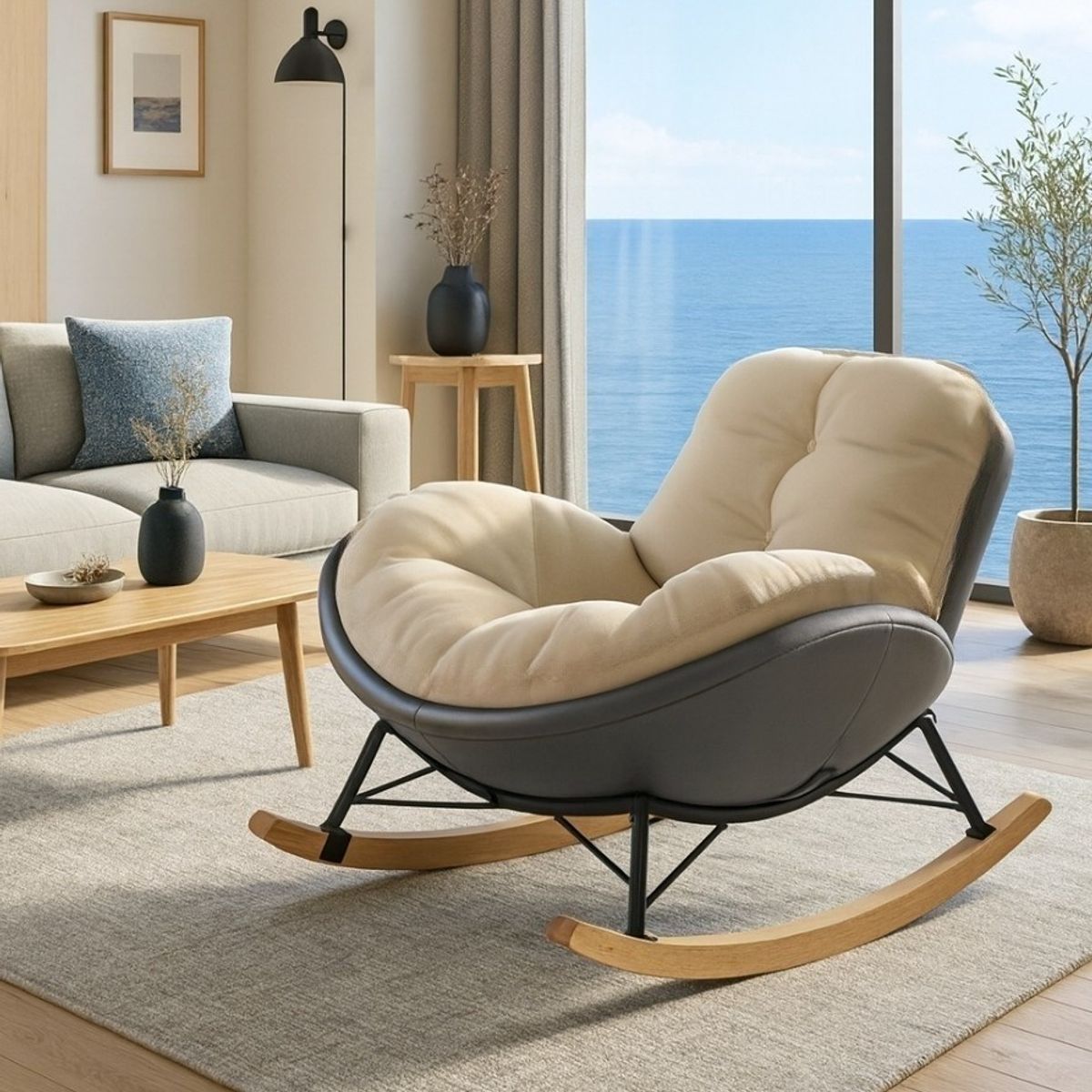 GENERICO - SILLA SILLÓN MECEDORA RECLINABLE SOFÁ COLUMPIO RELAJANTE PREMIUM NÓRDICO TUMBONA 30° GRIS-BEIGE