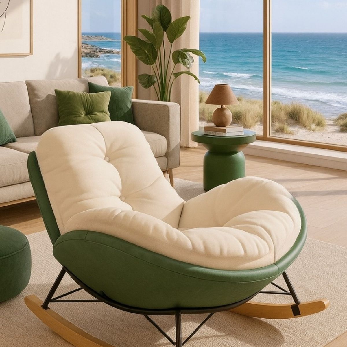 GENERICO - SILLA SILLÓN MECEDORA RECLINABLE SOFÁ COLUMPIO RELAJANTE PREMIUM NÓRDICO TUMBONA 30° VERDE-BEIGE