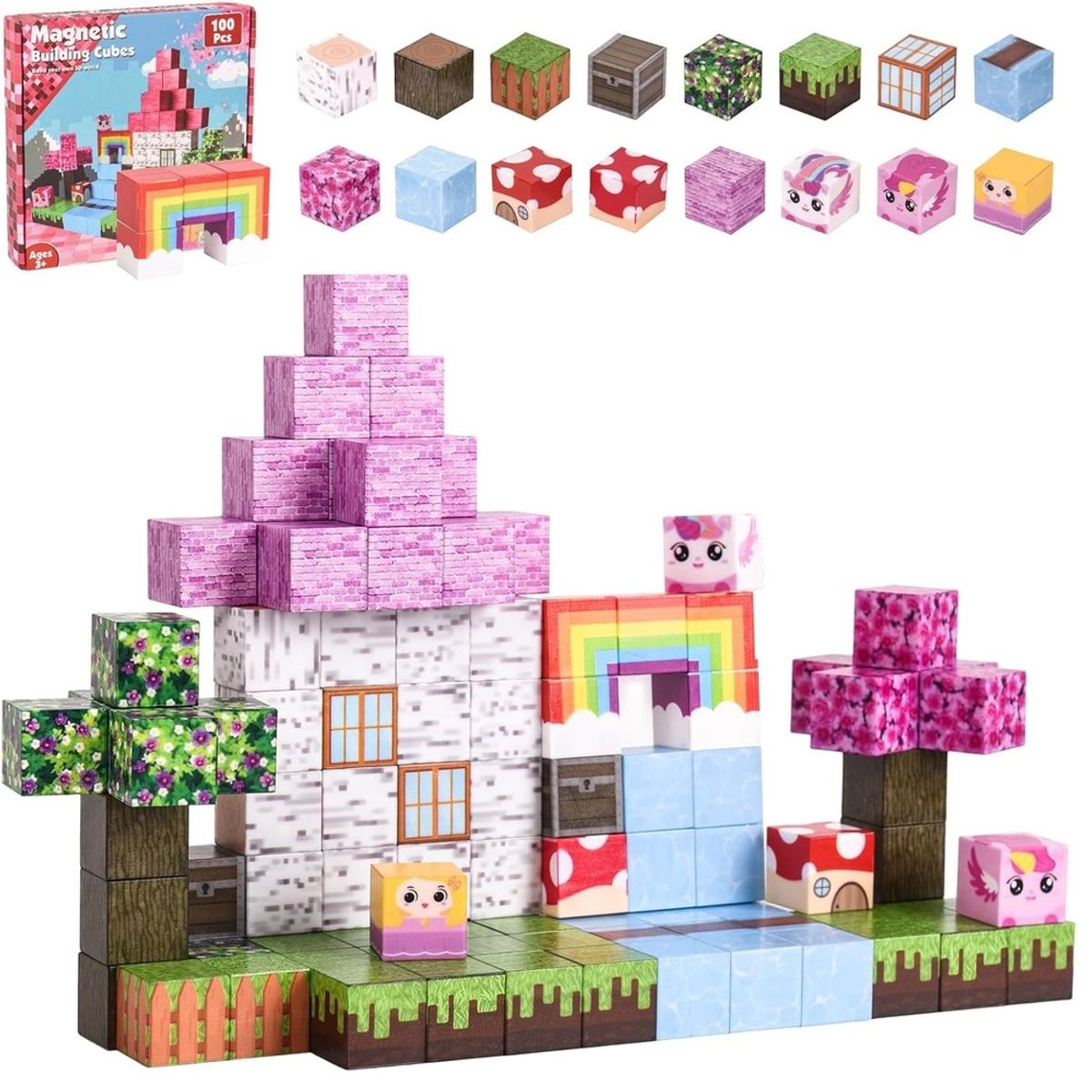 GENERICO - BLOQUES MAGNÉTICOS MINECRAFT DE 100 PCS ARCO IRIS Y UNICORNIO