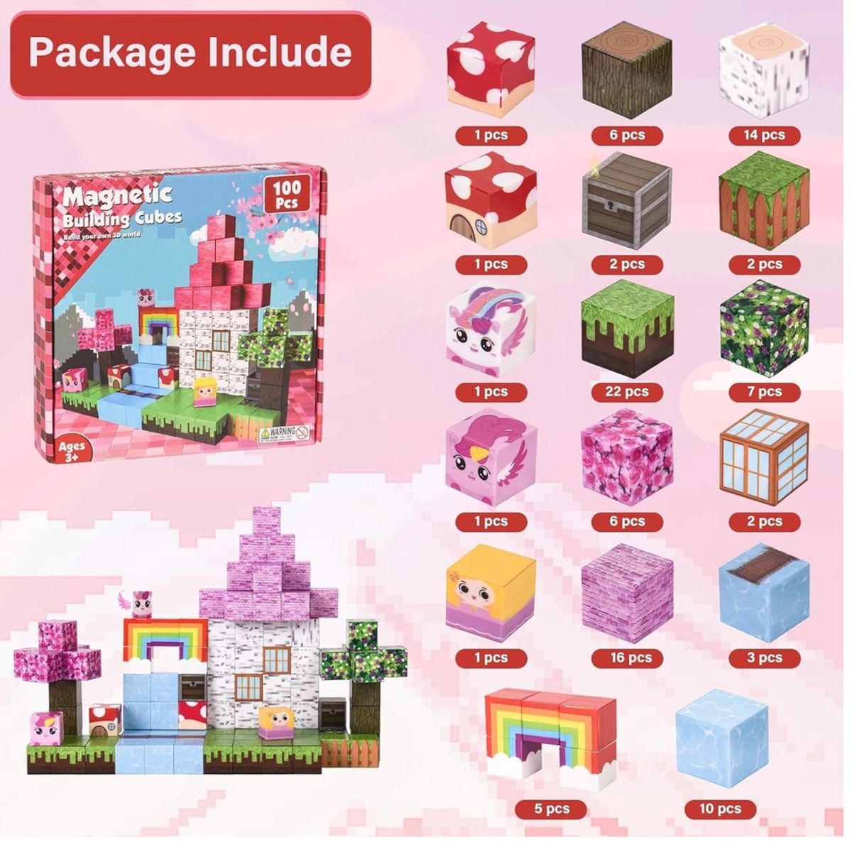 GENERICO - BLOQUES MAGNÉTICOS MINECRAFT DE 100 PCS ARCO IRIS Y UNICORNIO