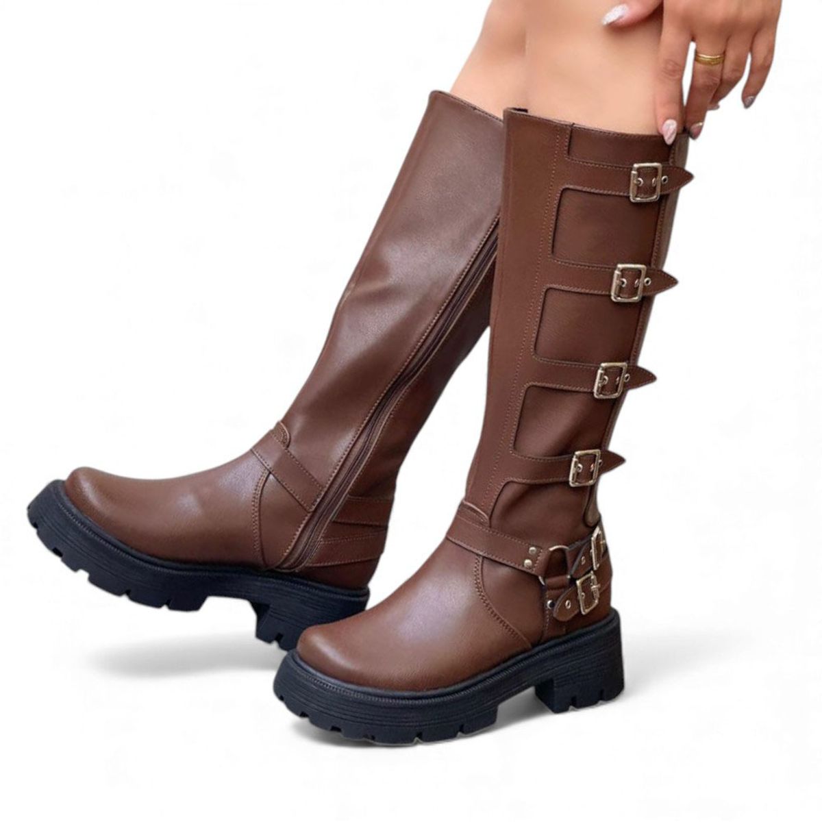 GENERICO - Bota Mujer 1299P-85 Planta De Goma Taco 5 Biocuero Con 6 Evillas Color Moro