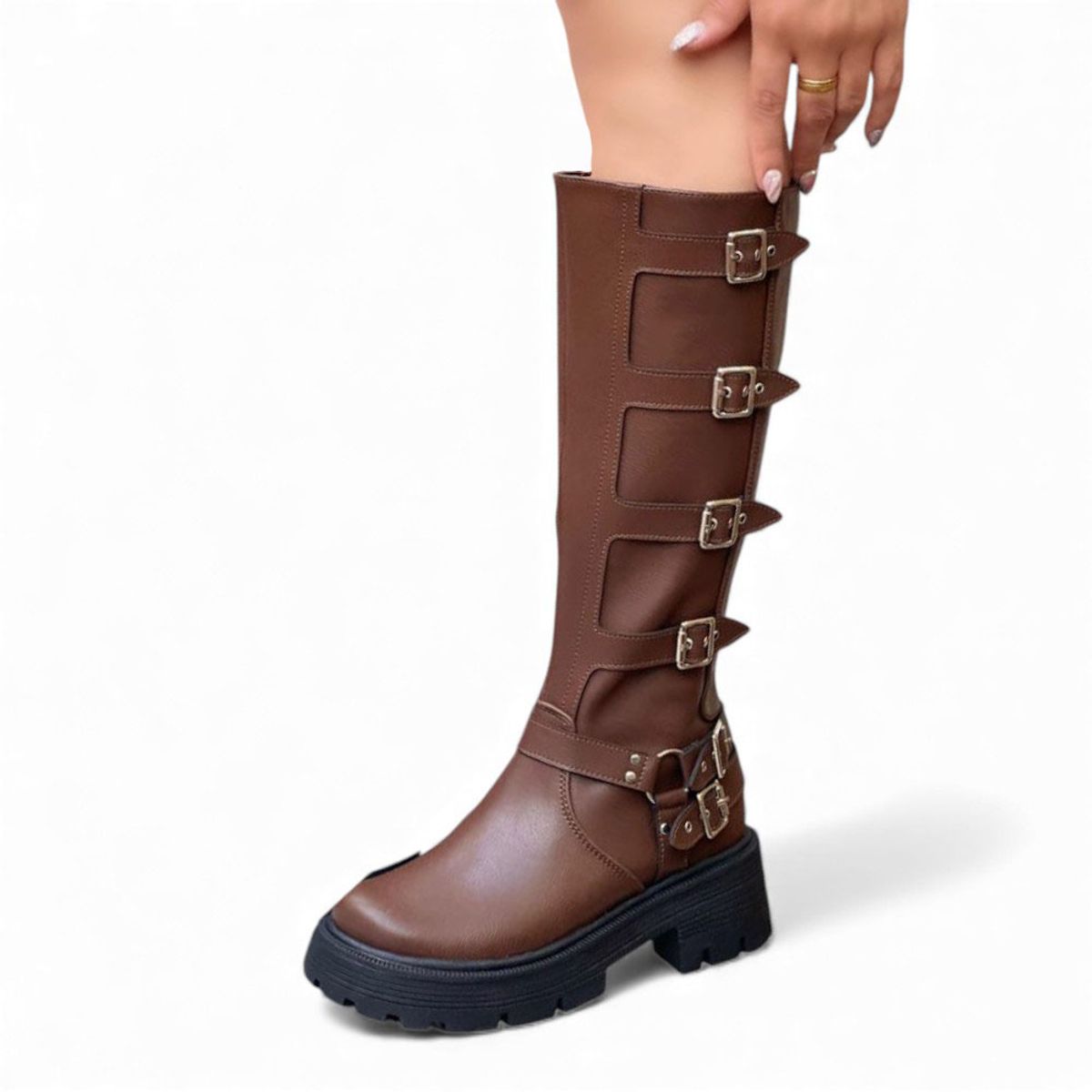 GENERICO - Bota Mujer 1299P-85 Planta De Goma Taco 5 Biocuero Con 6 Evillas Color Moro