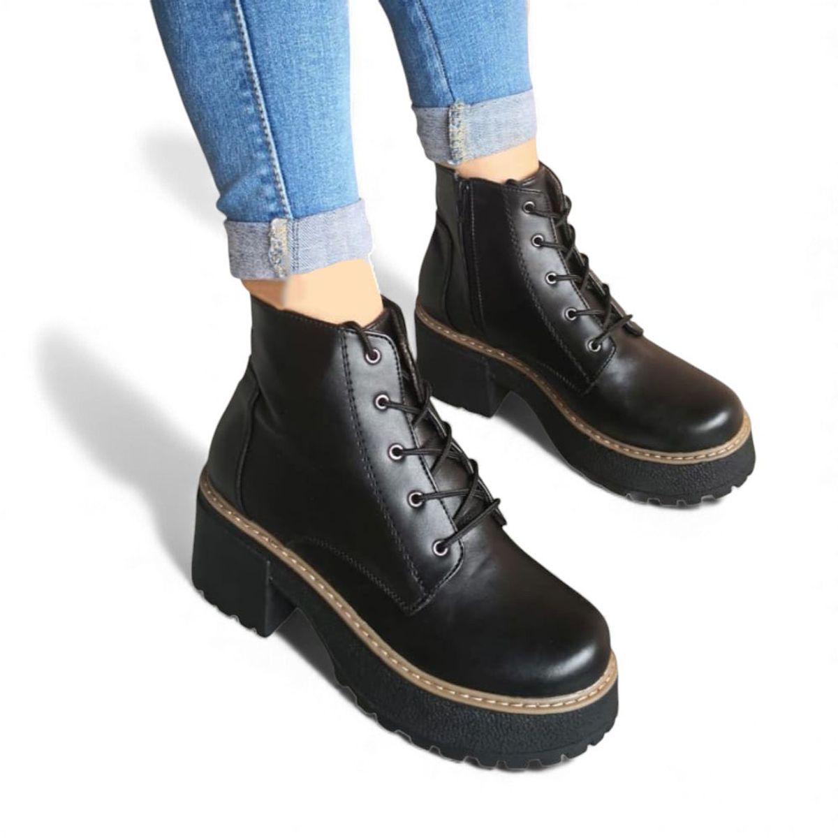 GENERICO - Botin Mujer 1299P-63 Planta De Goma Taco 5 Con Plataforma Biocuero Color Negro