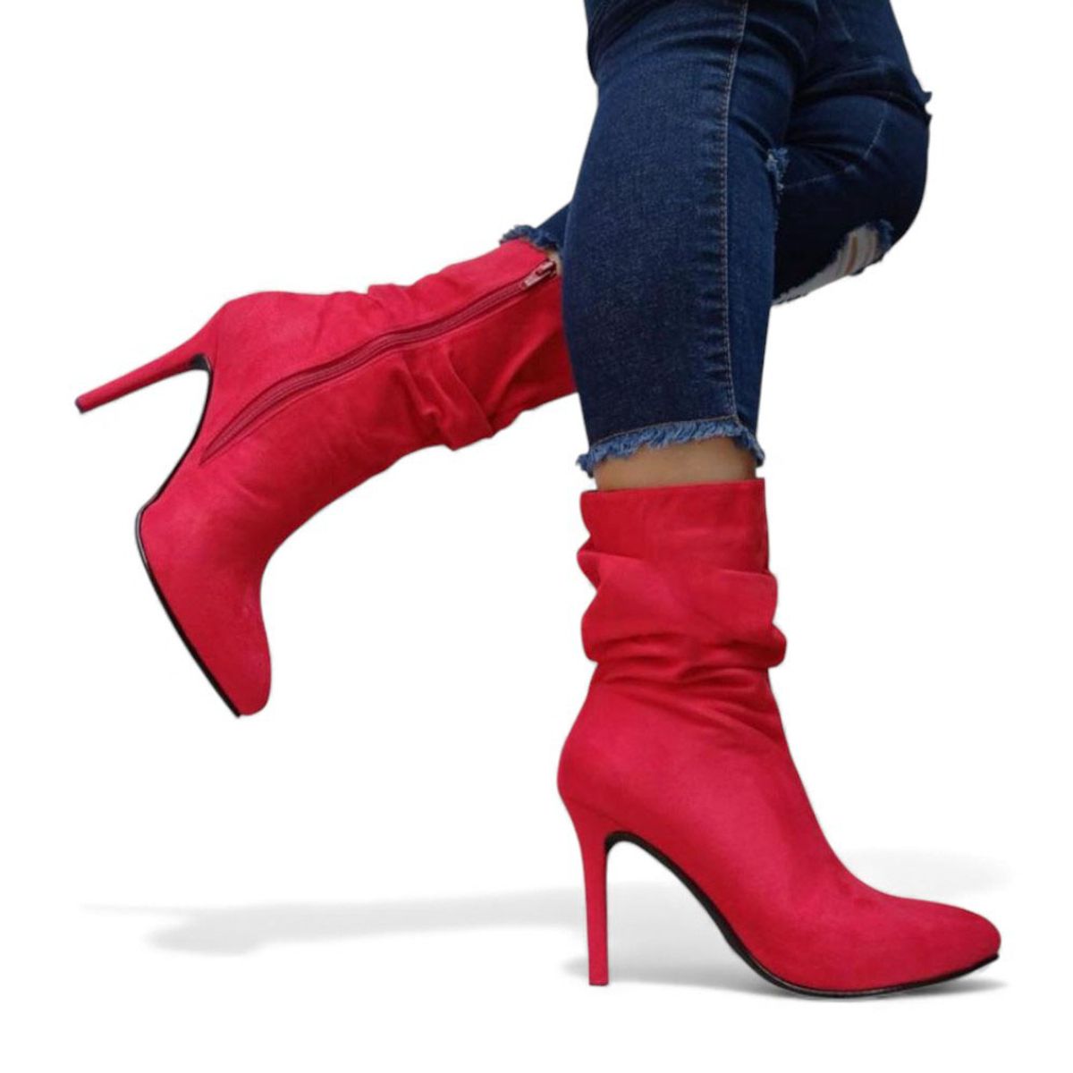GENERICO - Botin Mujer 1299P-68 Planta De Goma Taco 9 Plataforma Interna 2 Gamuza Color Rojo