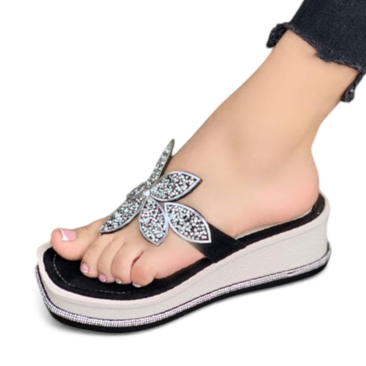 GENERICO - Sandalia Mujer 1431L-48 Flor Plataforma 5 Color Negro