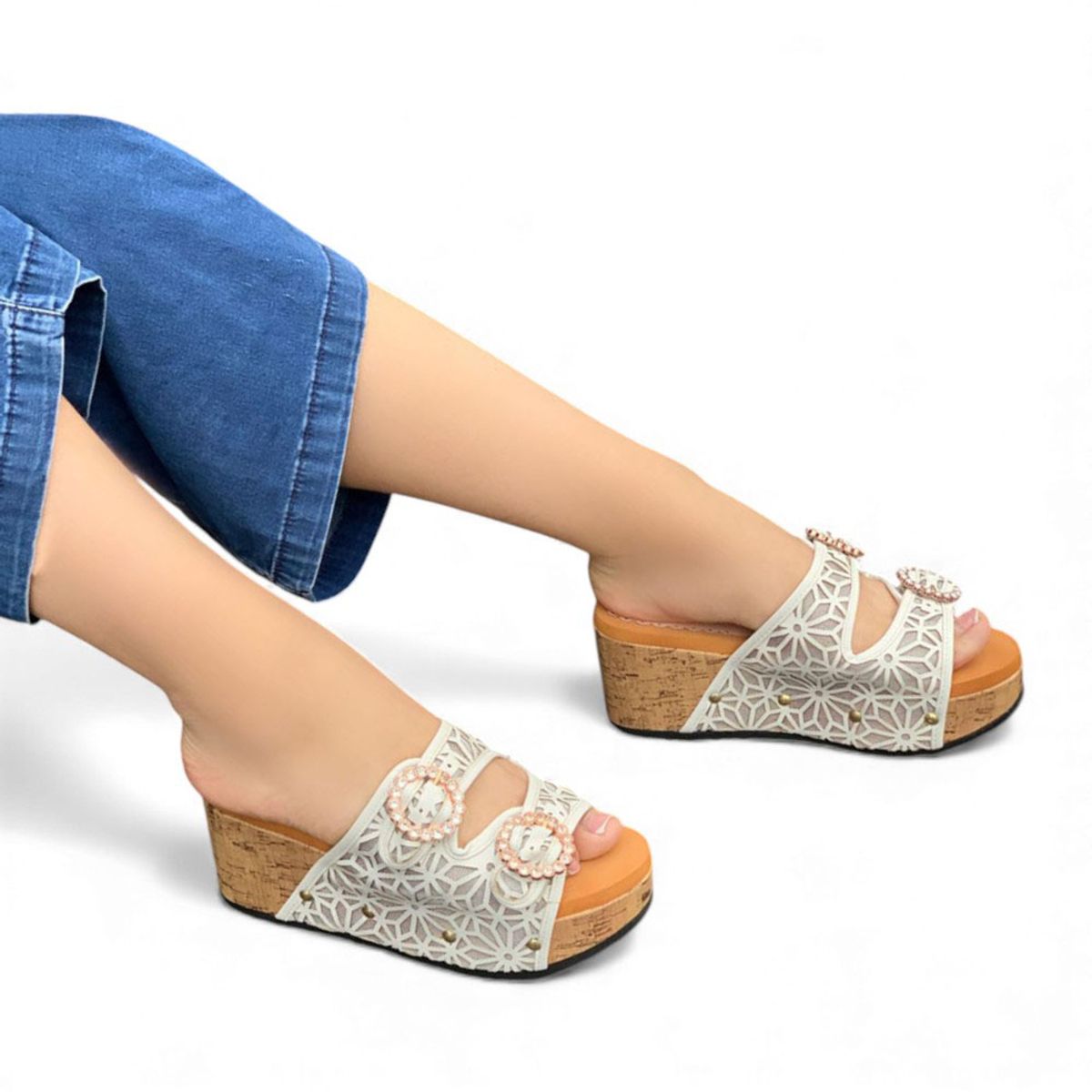 GENERICO - Sandalia Mujer 1431L-55 Malla Plataforma 7 Livianas Color Perla