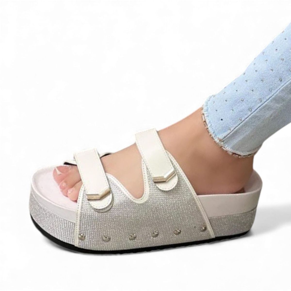 GENERICO - Sandalia Mujer 1299P-55 Planta De Goma Taco 5 Escarchado Biocuero Color Brillo Plata