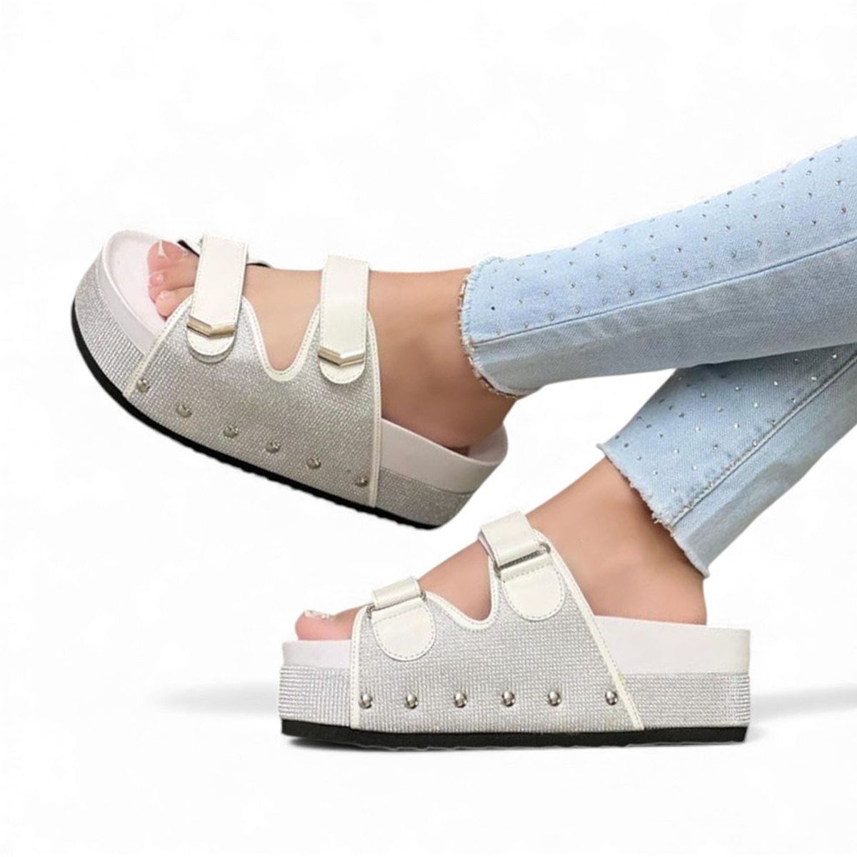 GENERICO - Sandalia Mujer 1299P-55 Planta De Goma Taco 5 Escarchado Biocuero Color Brillo Plata