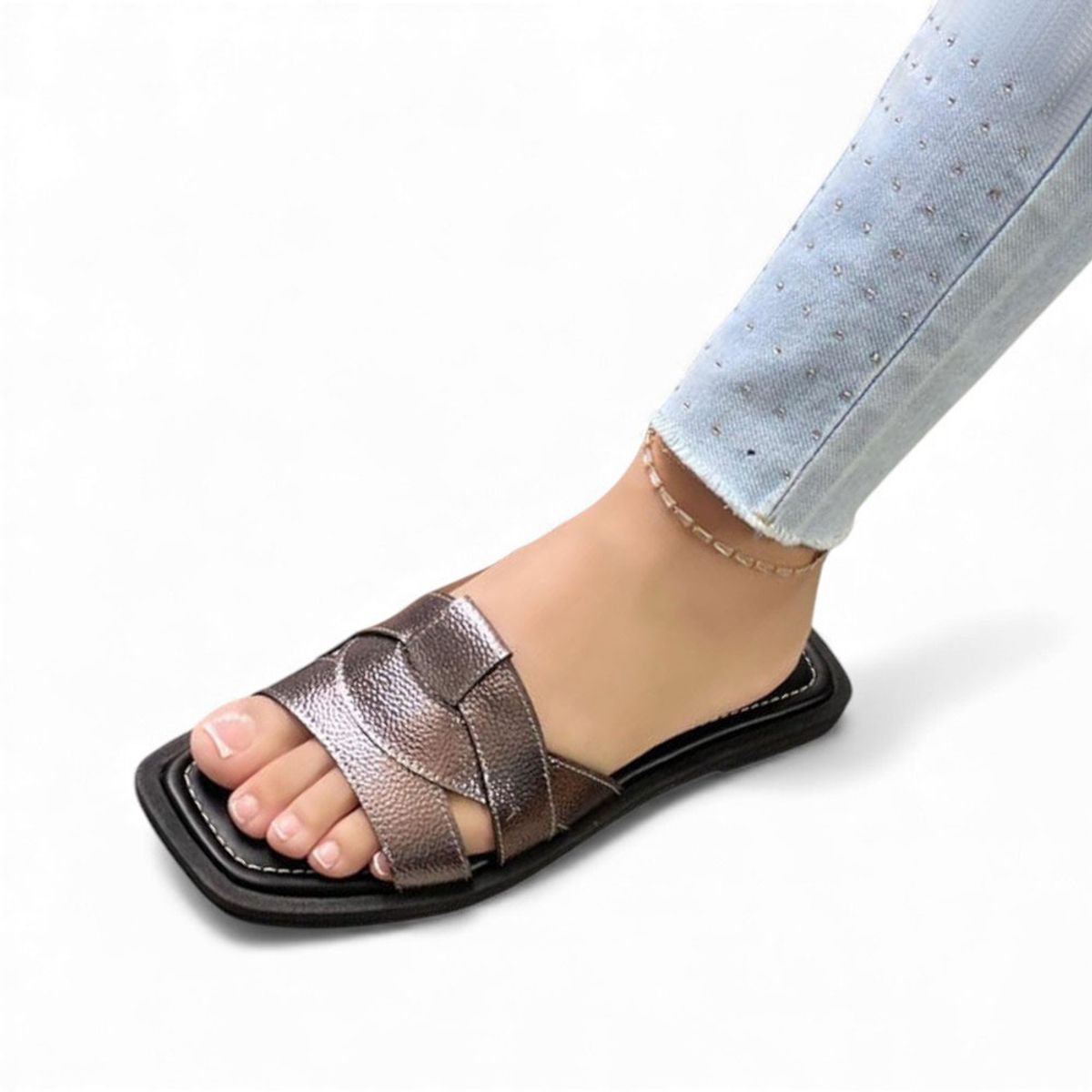 GENERICO - Sandalia Mujer 1299P-35 Planta De Goma Biocuero Labrado Color Plata Quemada