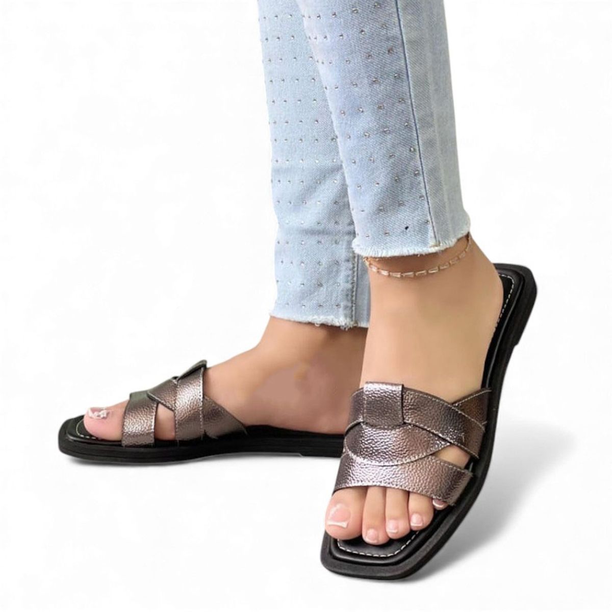 GENERICO - Sandalia Mujer 1299P-35 Planta De Goma Biocuero Labrado Color Plata Quemada