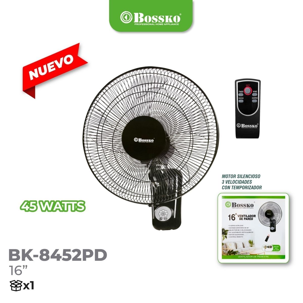 BOSSKO - Ventilador Bossko BreezeControl 16 con Control Remoto