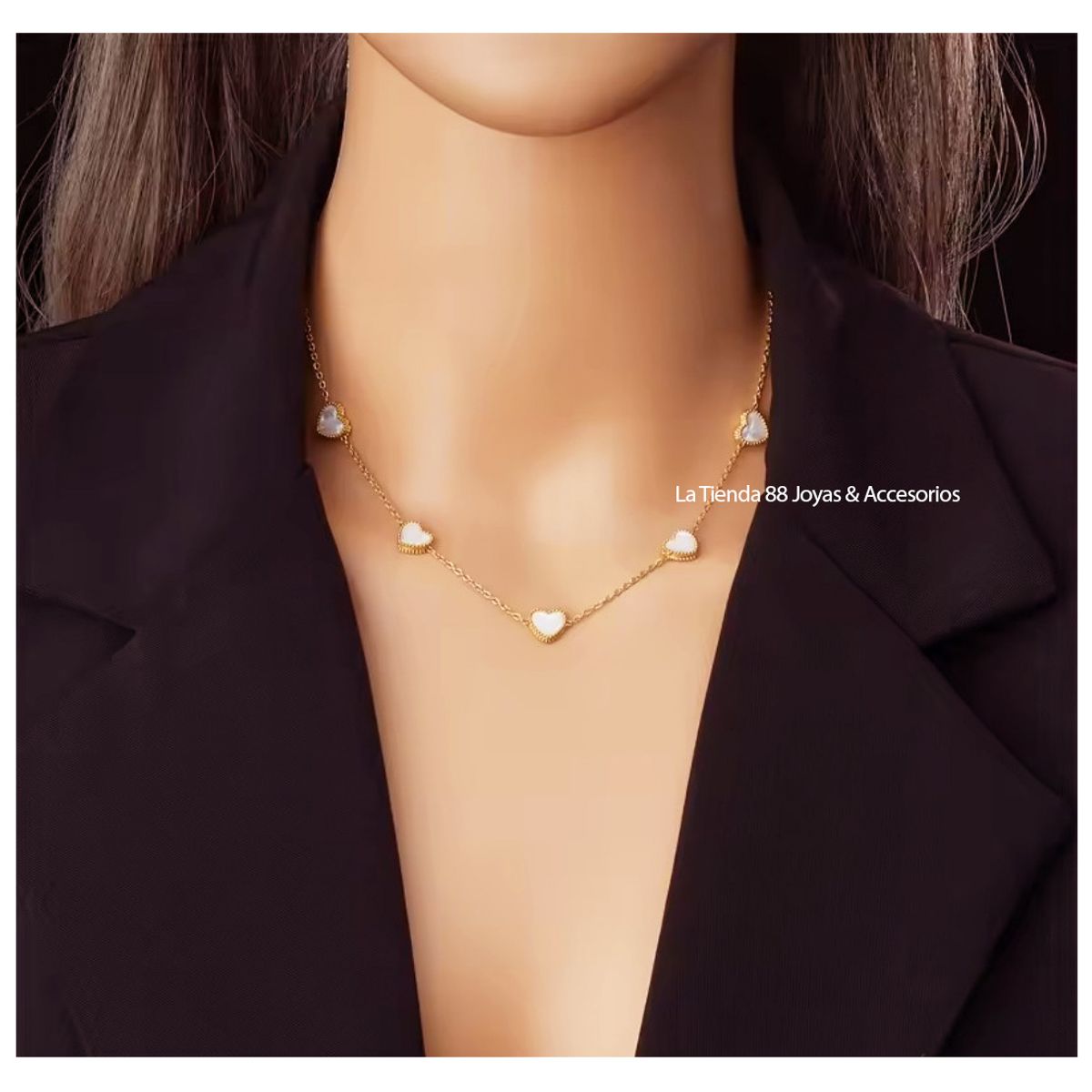 LA TIENDA 88 JOYAS Y ACCESORIOS - La Tienda 88 - Set Collar y Aretes Mujer Corazón Acero bañado Oro 18k con nácar - Blanco